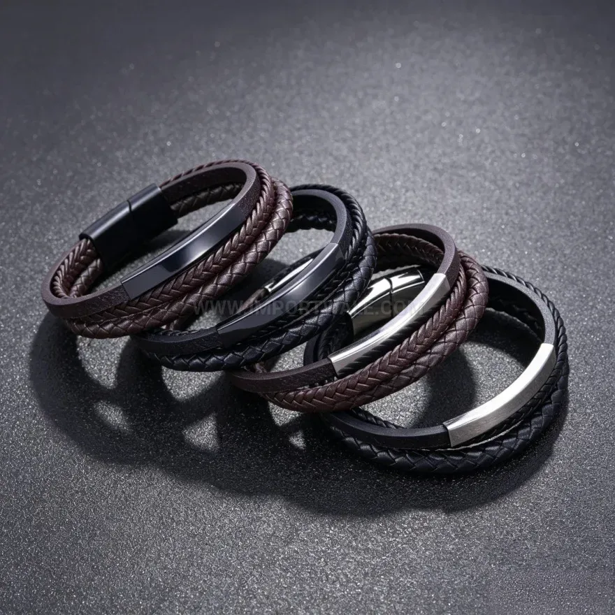 Classic Woven Leather Multi Layer Bracelet With Magnetic Alloy Clasp