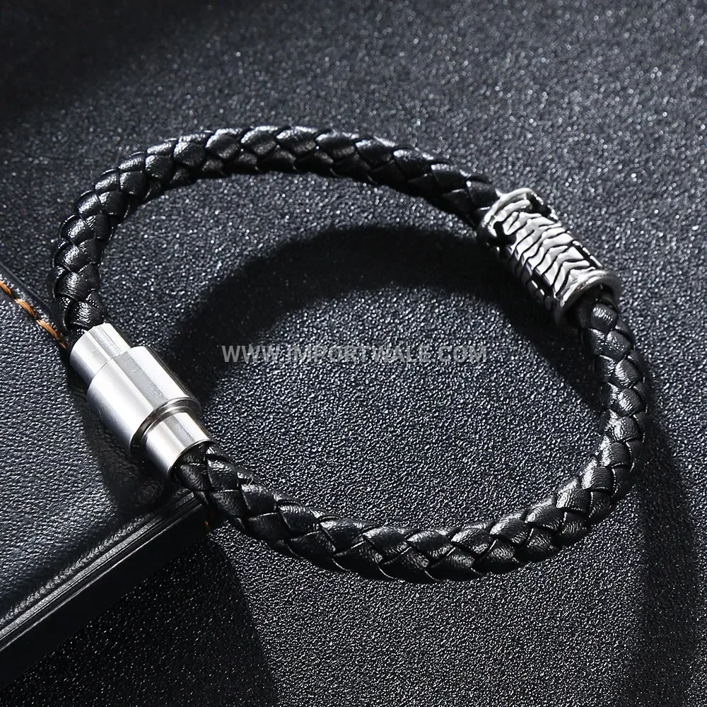 Punk Style Stainless Steel Accent Woven Leather Cord Bracelet