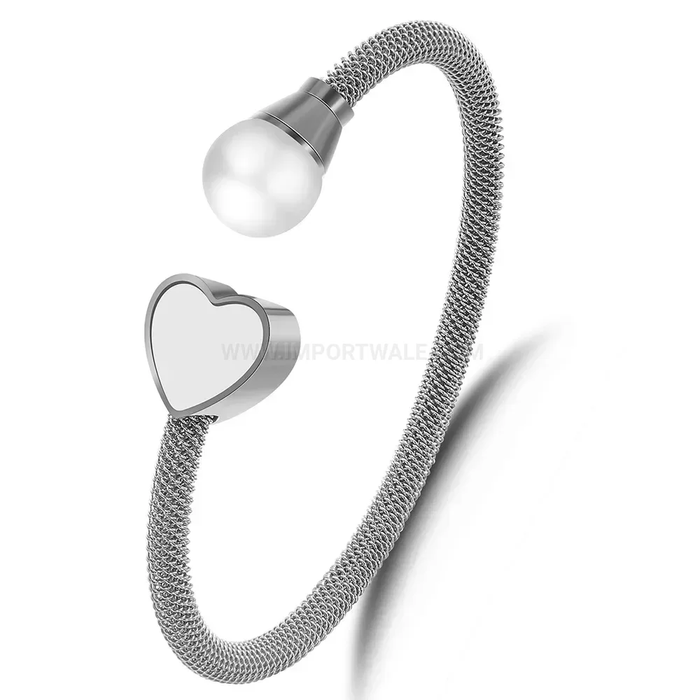 Modern Heart and Pearl Accent Stainless Steel Cable Bangle Bracelet