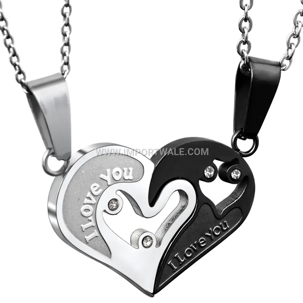 Matching Couple Heart Pendant Stainless Steel Engraved Necklace