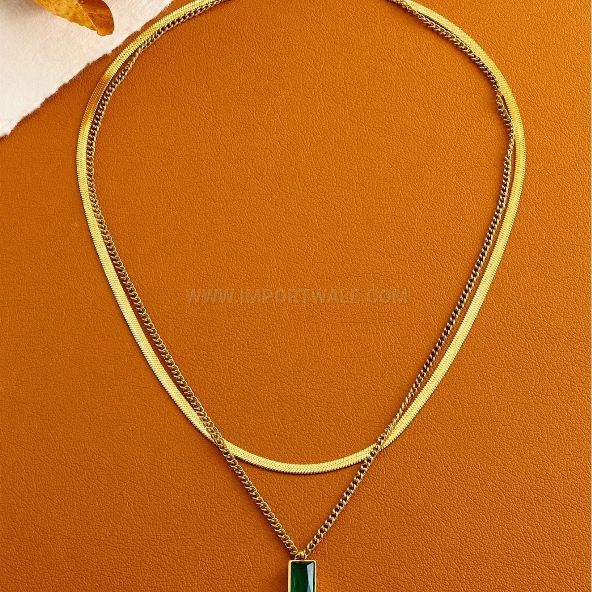 Modern Gold Titanium Steel Layered Snake Chain with Green Cubic Zirconia