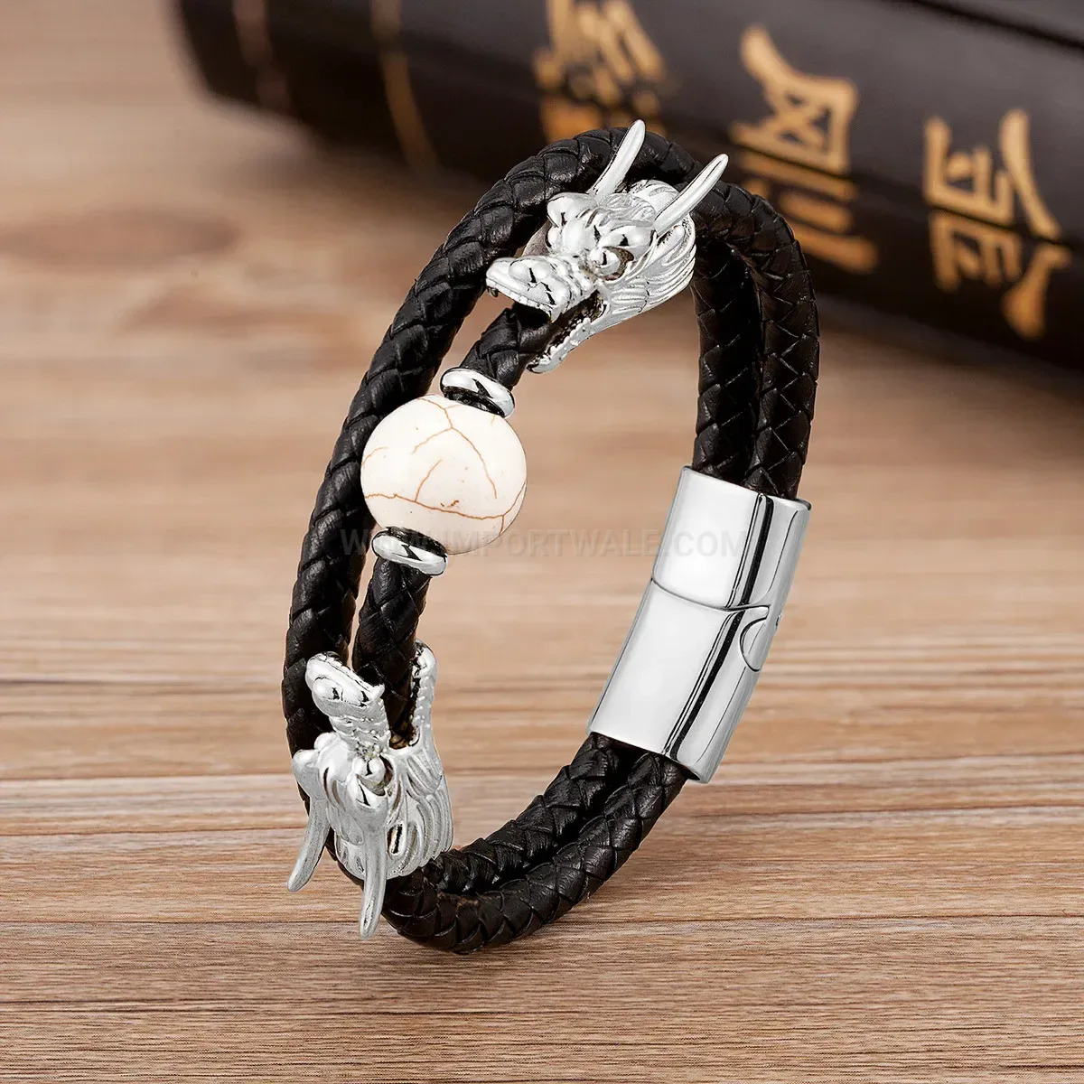 Double-Layer Braided Leather Dragon Clasp Bracelet