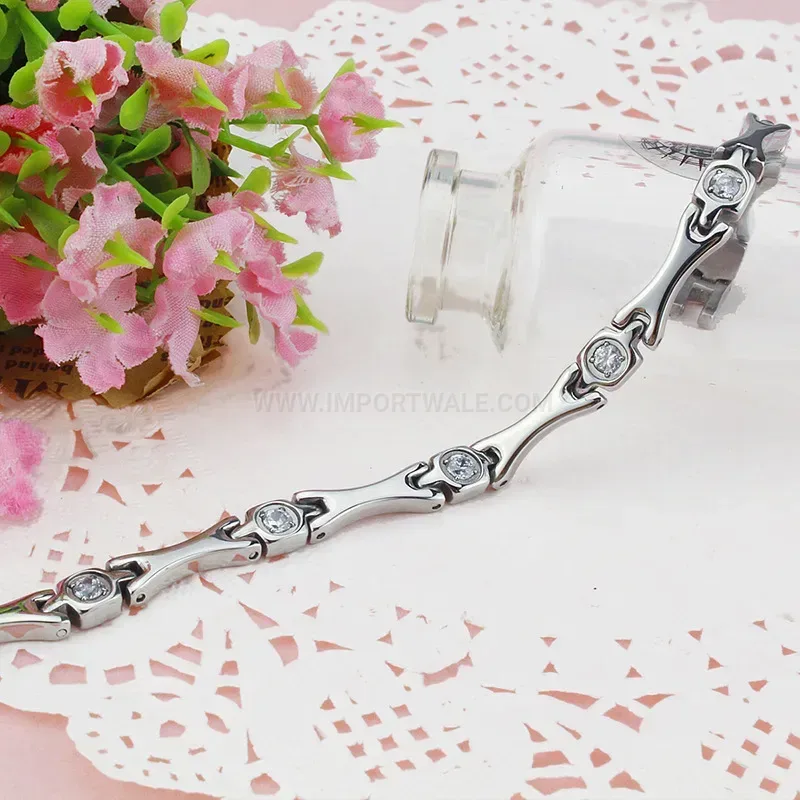 Fashion Sparkling Zircon Titanium Steel Magnetic Bracelet with Hematite Accent
