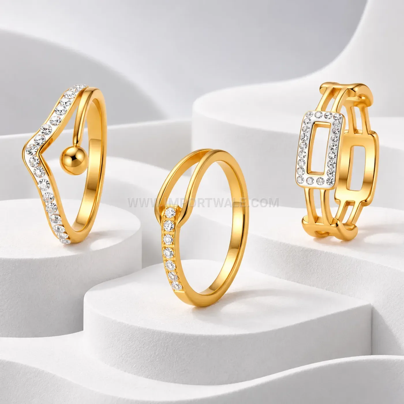 Stainless Steel Geometric Hollow Cutout Ring Set with Beaded Accents