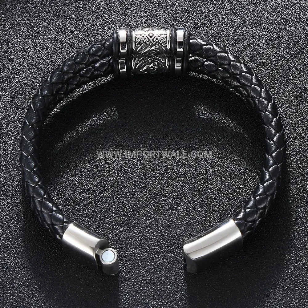 Woven Black Leather Cuff Bracelet with Stainless Steel Hardware