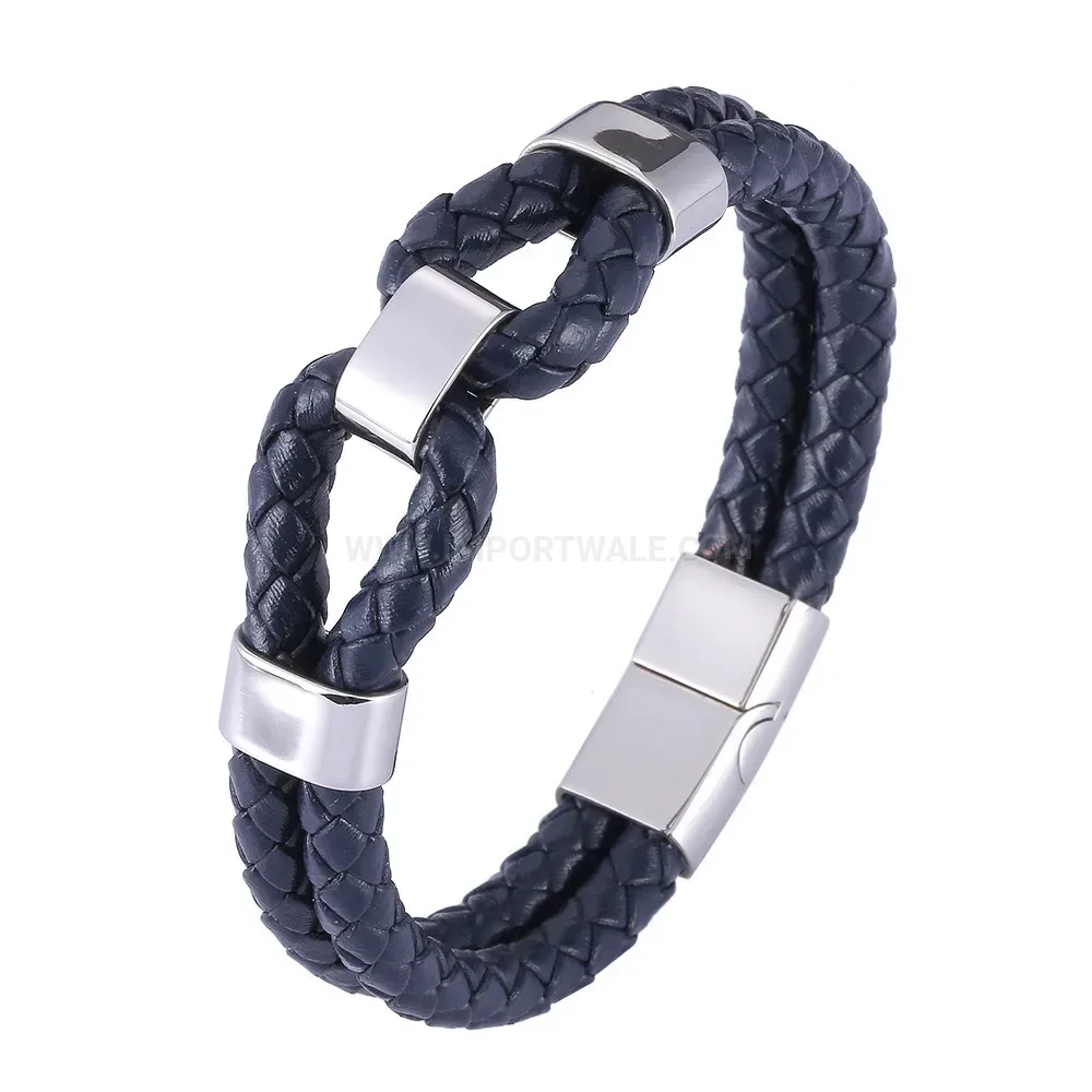 Double Strand Braided Leather Stainless Steel Men's Bracelet