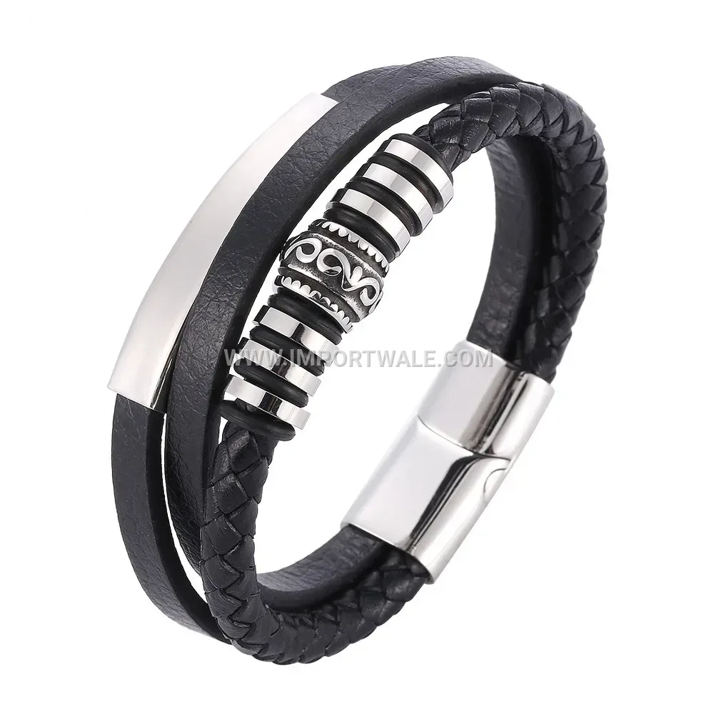 Multi Strand Woven Black Leather Wristband Stainless Steel Magnetic Buckle