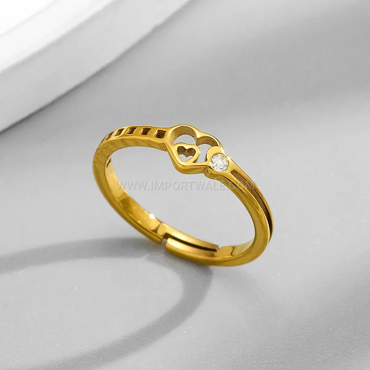 Gold Plated Cutout Heart Crystal Stainless Steel Ring
