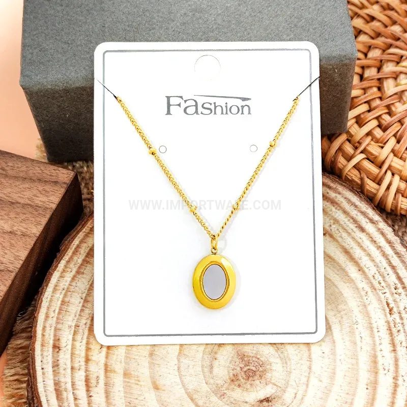 Gold Plated Titanium Steel Oval Shell Inlay Pendant Necklace