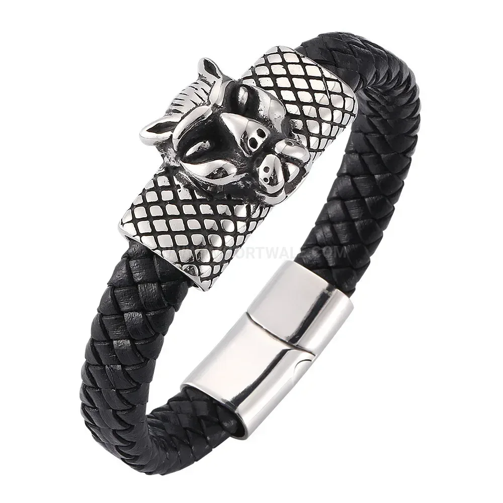 Leopard Head Steel Magnetic Leather Strand Bracelet