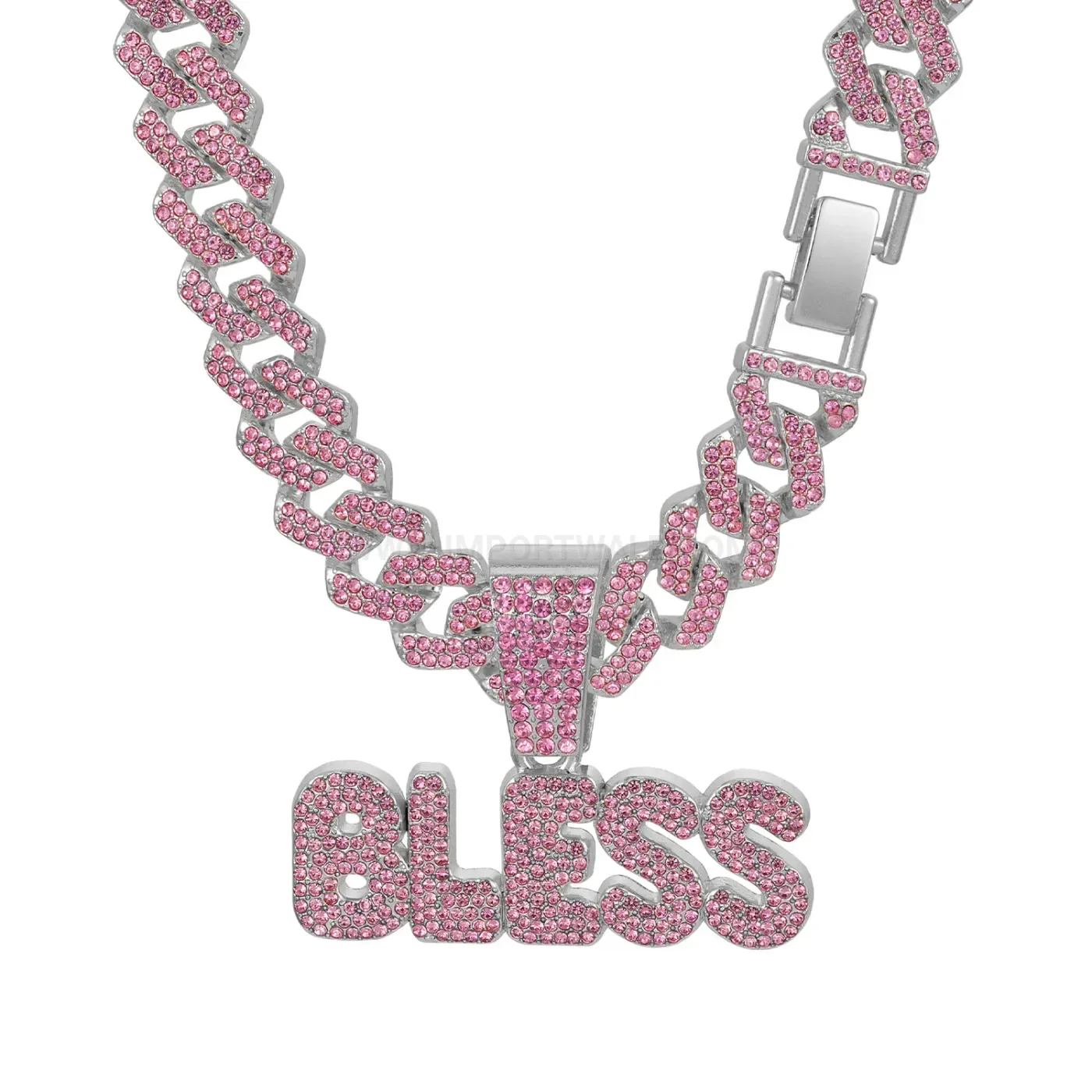 Modern Pink Rhinestone BLESS Letter Pendant Cuban Chain Necklace