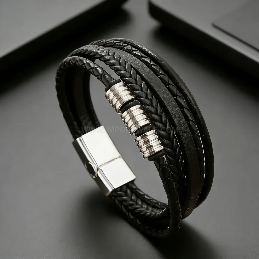 Trendy Multi Strand Braided Leather Metal Bead Bracelet with Magnetic Clasp