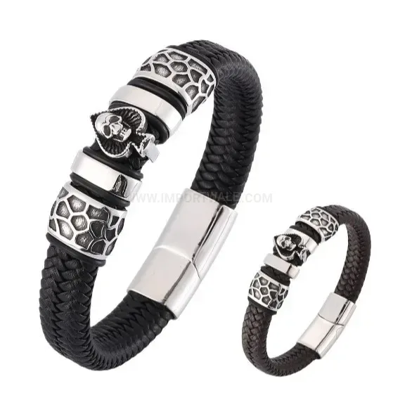 Fashion Punk Skull Ace of Hearts Stainless Steel Leather Charm Bracelet