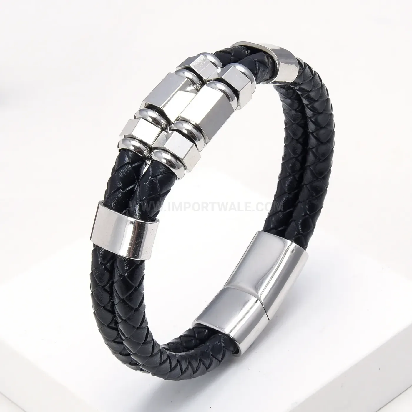 Braided Leather Cord Men Bracelet with Stainless Steel Clasp
