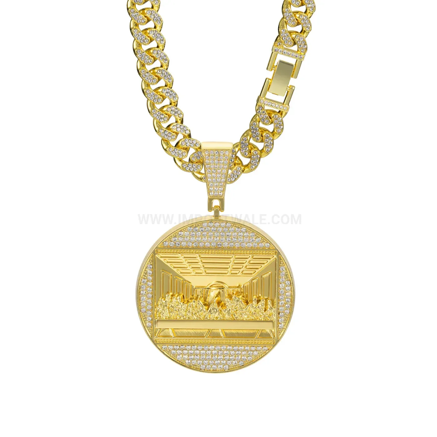 Rhinestone Disc Pendant Zinc Alloy Hip Hop Cuban Chain