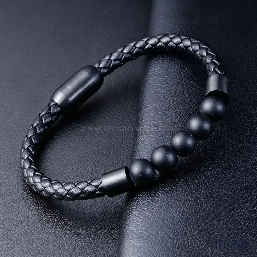Bold Natural Volcanic Stone Braided Leather Bracelet with Magnetic Clasp