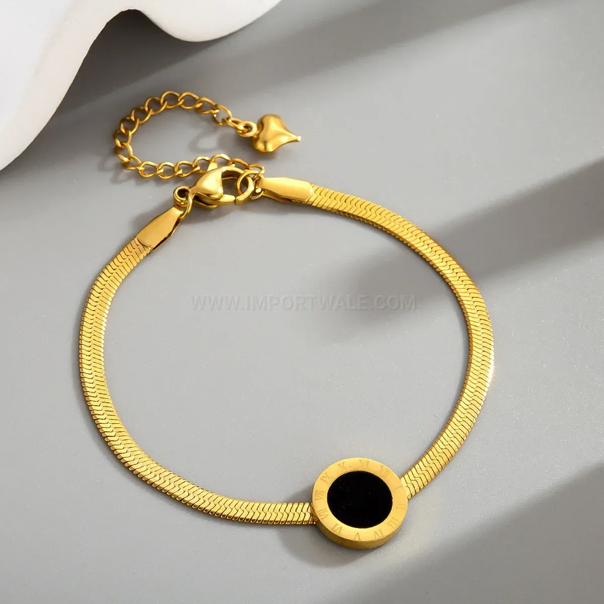Roman Numeral Engraved Round Stainless Steel Snake Chain Bracelet