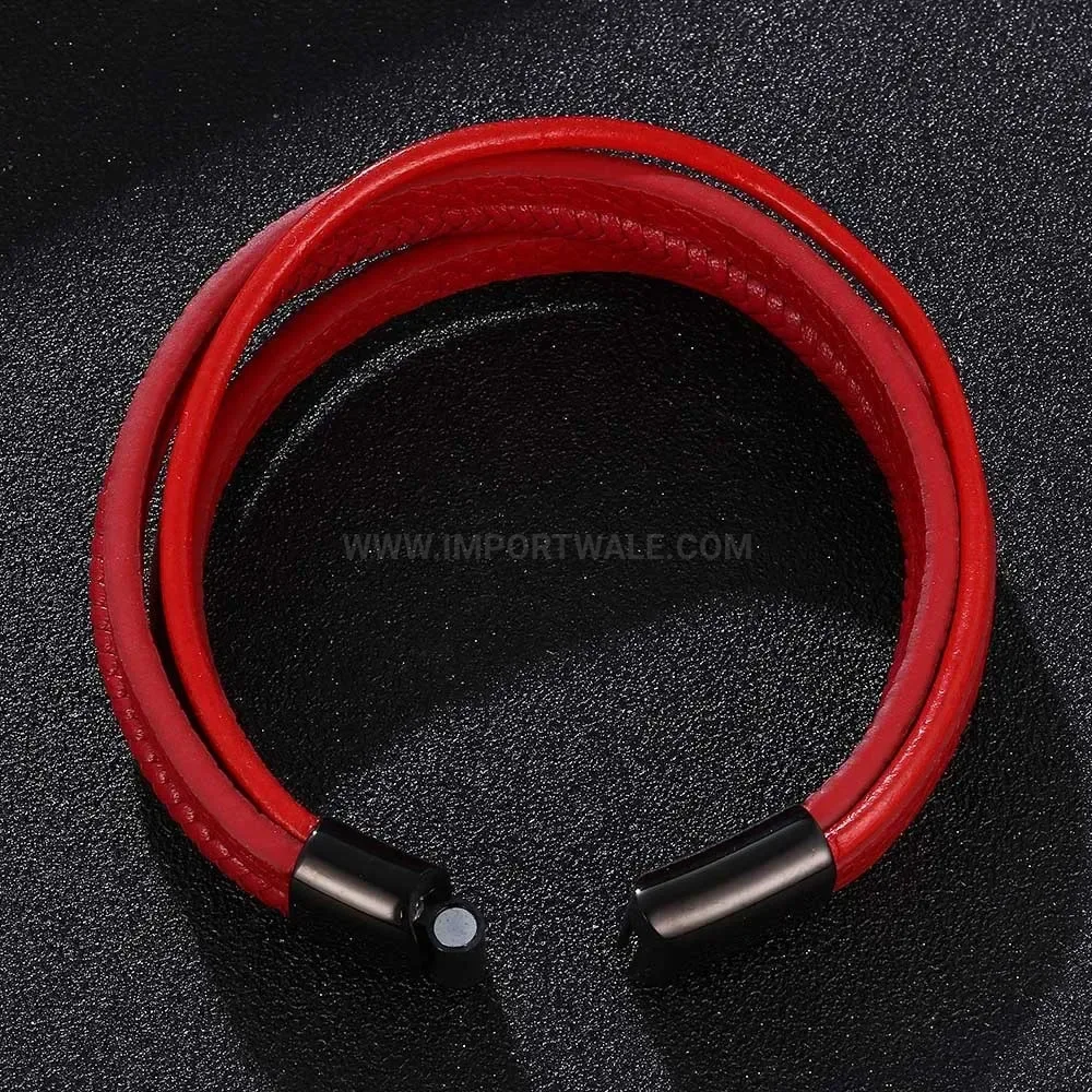 Red Woven Leather Bracelet with Stainless Steel Magnetic Clasp