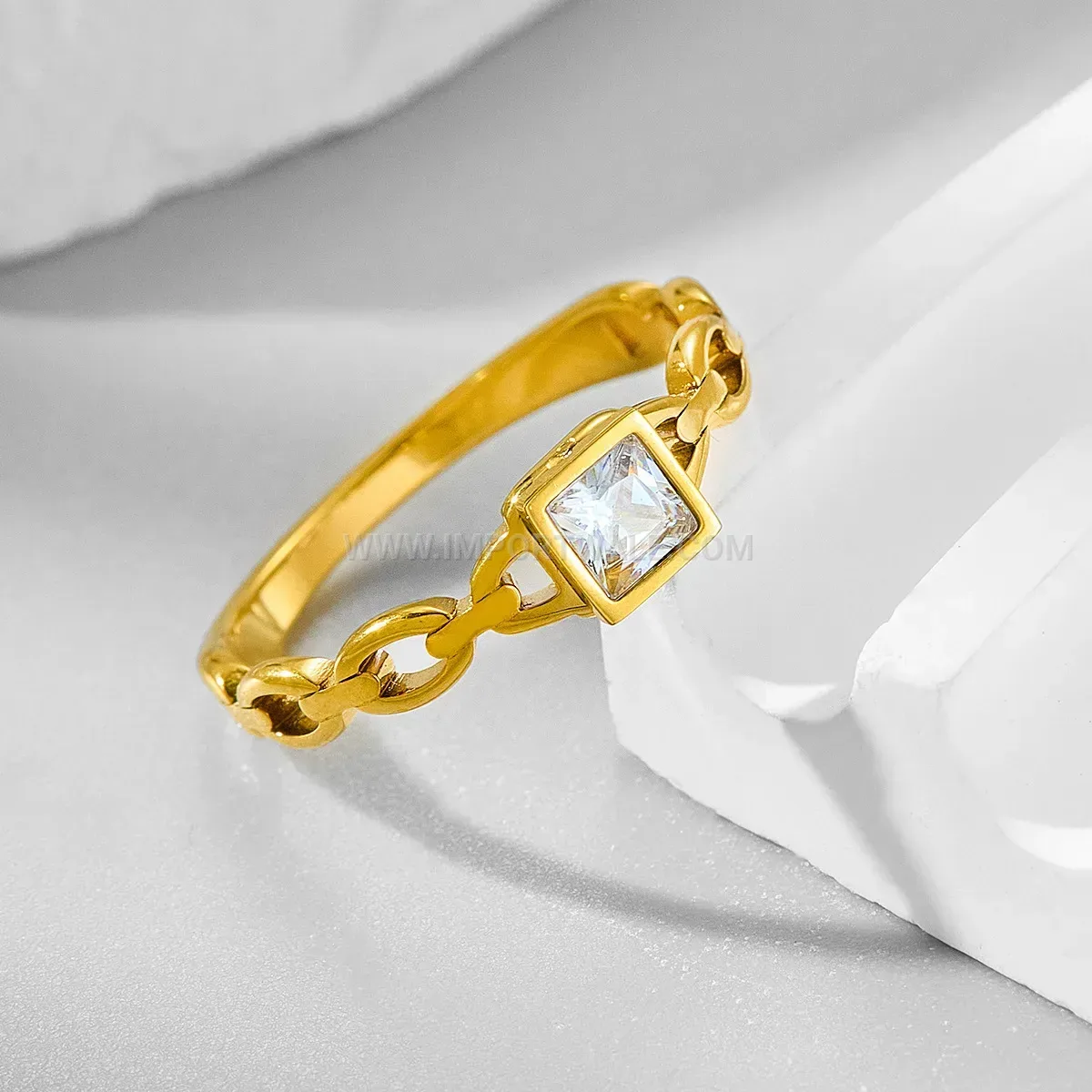 Square Crystal Stainless Steel Chain Link Statement Ring