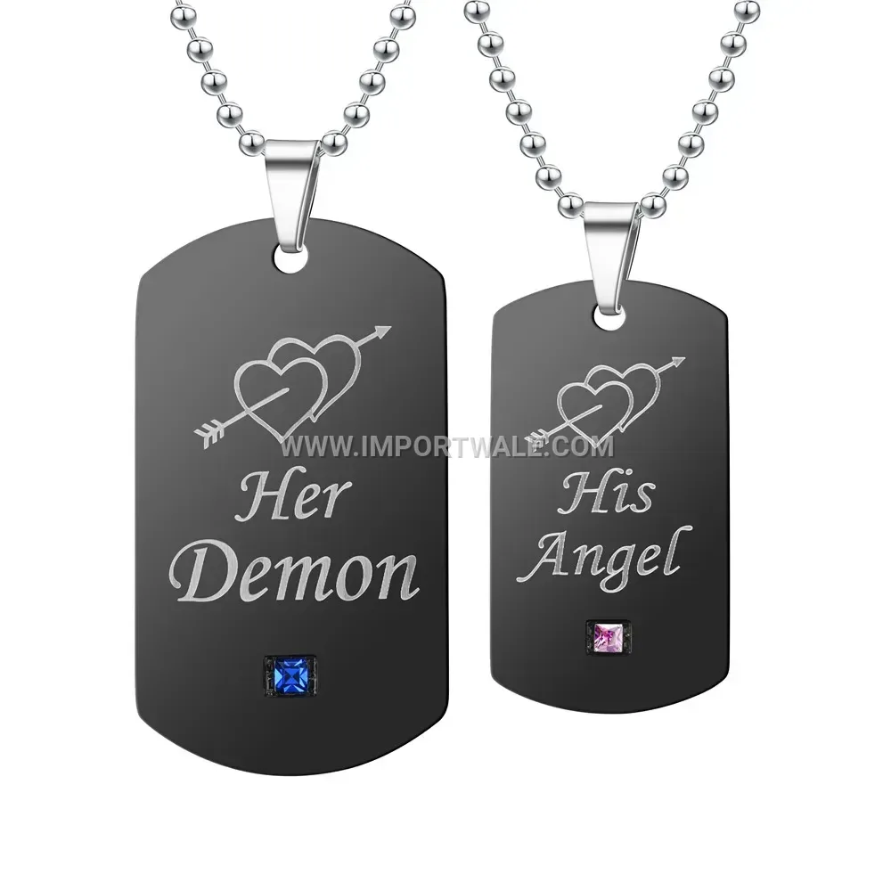 Stainless Steel Couples Dog Tag Pendant with Pink Crystal Accent