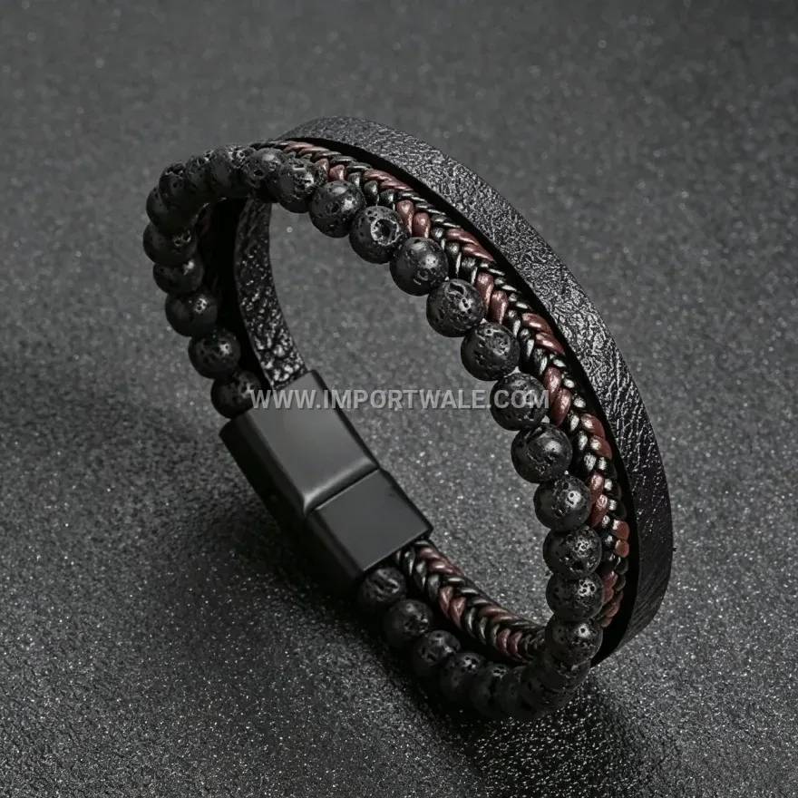 Braided Leather and Natural Stone Bead Bracelet