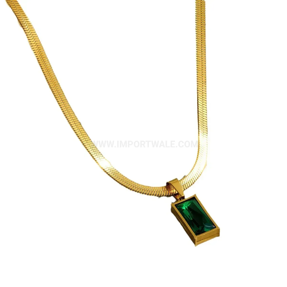 Elegant Gold Tone Snake Chain Square Green Zircon Necklace