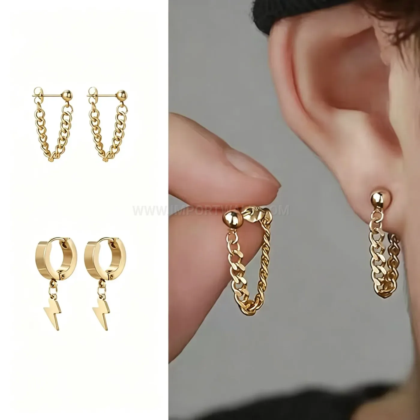Premium Stainless Steel Dangle Chain Piercing Hoop Earring Set