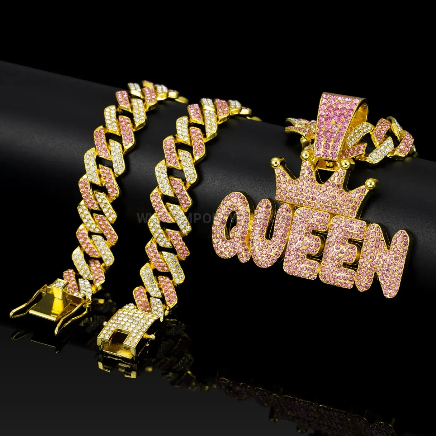 Pink Rhinestone Crown Queen Hip Hop Pendant Necklace