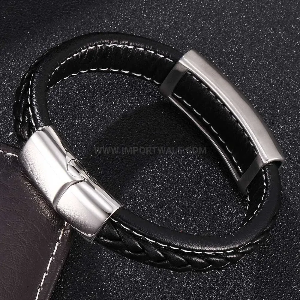 Stitched Leather Magnetic Bracelet with Polished Stainless Steel Accent