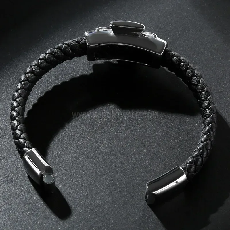 Stylish Gothic Skull and Cross Stainless Steel Leather Wristband Bracelet