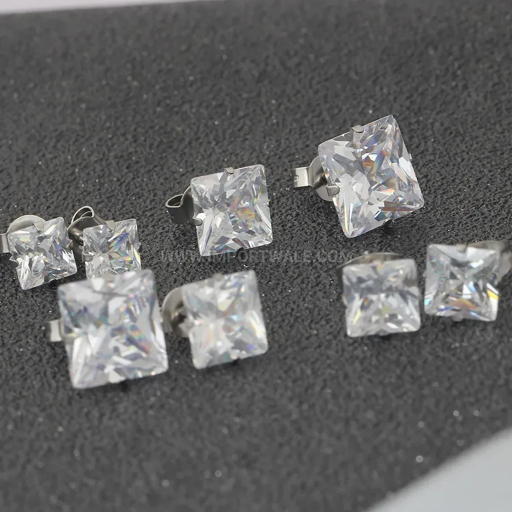 Square Cubic Zirconia Stainless Steel Geometric Stud Earrings