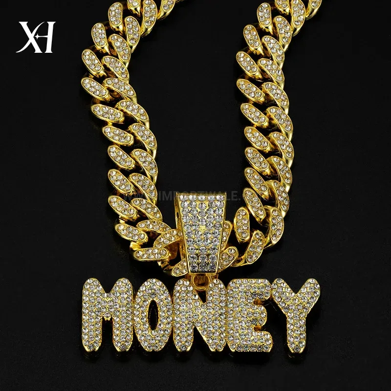 Iced Money Letter Pendant Alloy Cuban Hip Hop Necklace