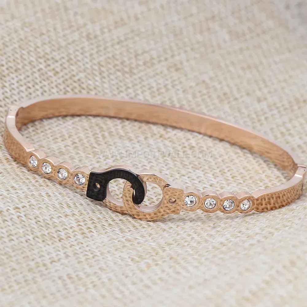 Classic Rose Gold Stainless Steel Handcuff Charm Rhinestone Bangle