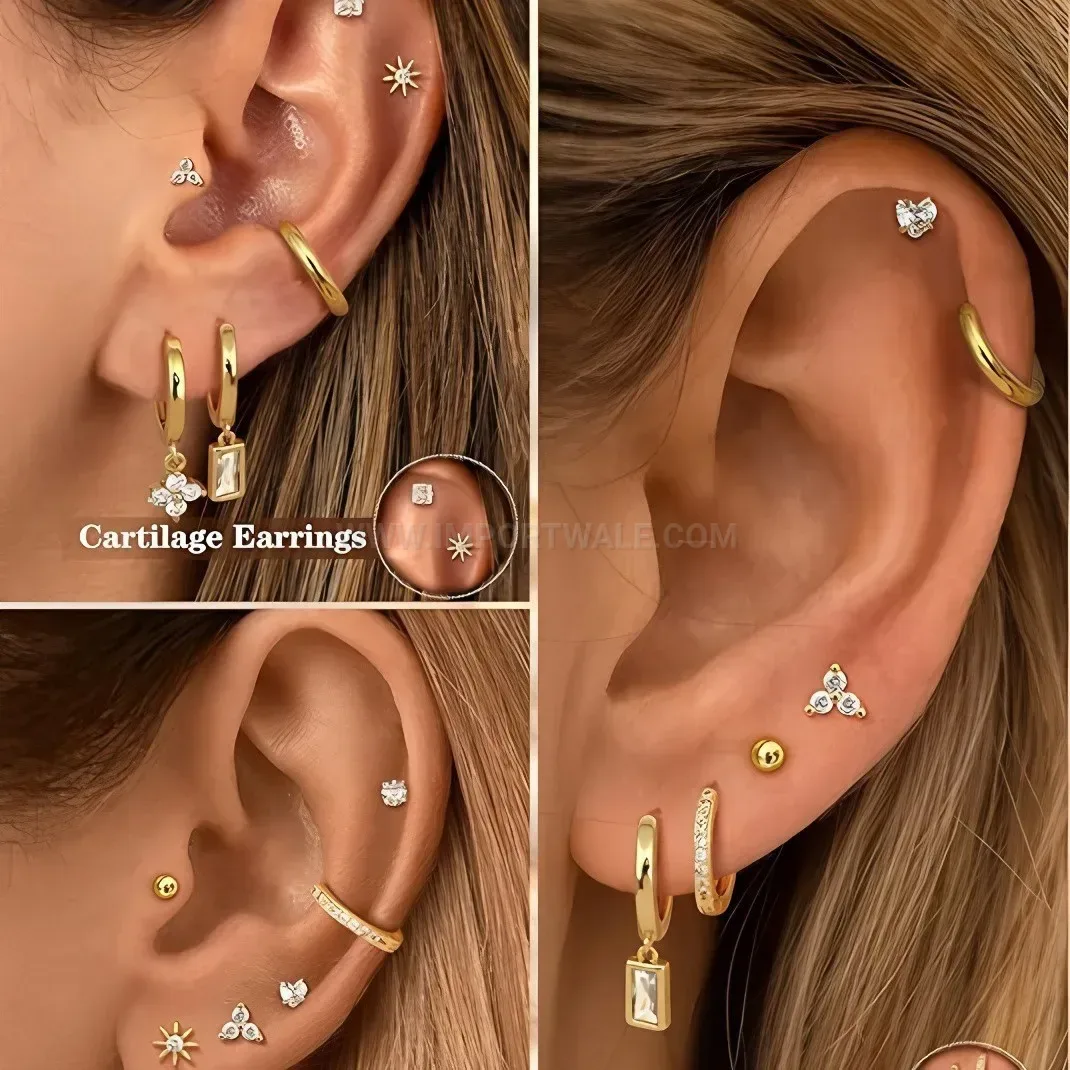 Chic Gold Plated Leaf Zircon Stainless Steel Earring Set