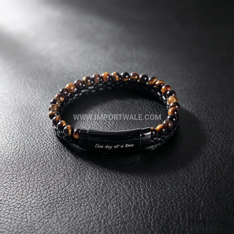 Men's Business Leather Woven Bracelet With Stainless Steel Magnetic Clasp