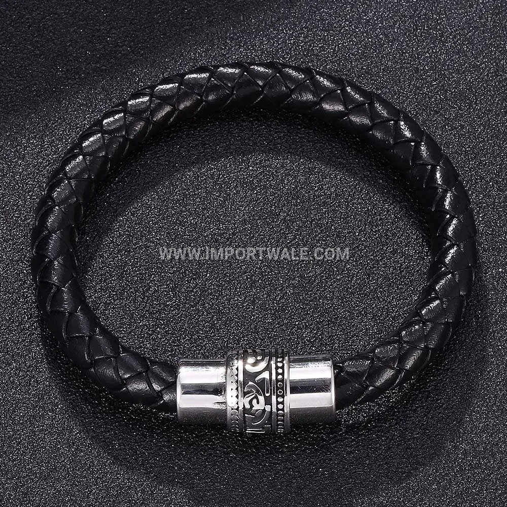Vintage Braided Leather and Stainless Steel U-Shaped Men's Bracelet