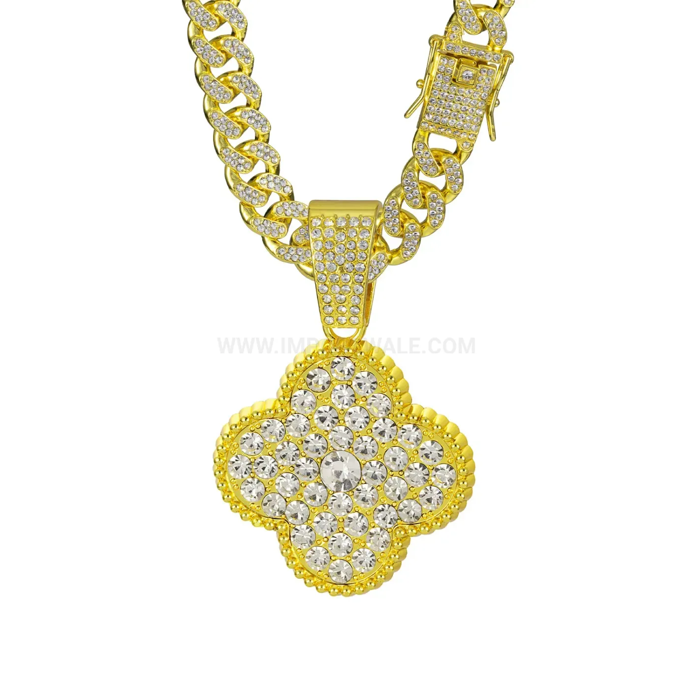 Rhinestone Four-Leaf Clover Alloy Hip Hop Pendant