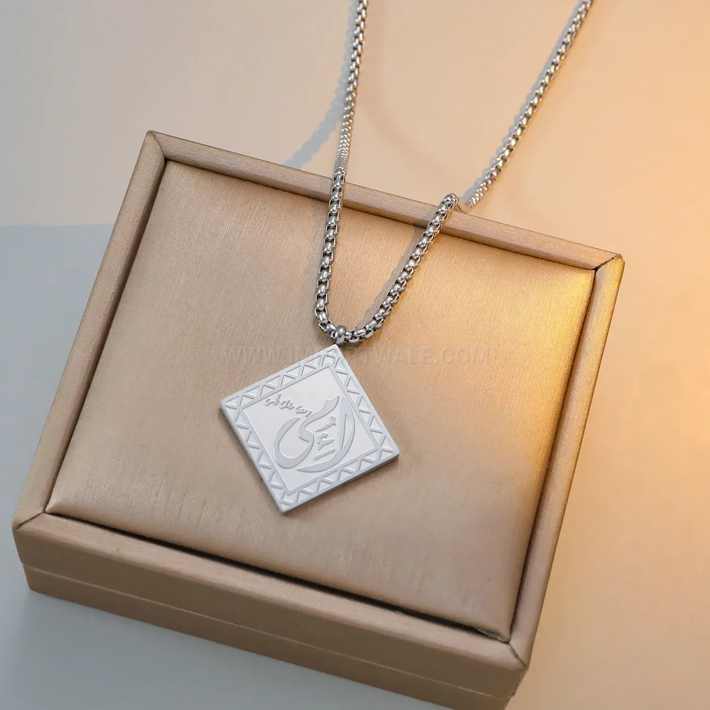 Bold Stainless Steel Square Pendant Necklace Featuring Arabic Calligraphy