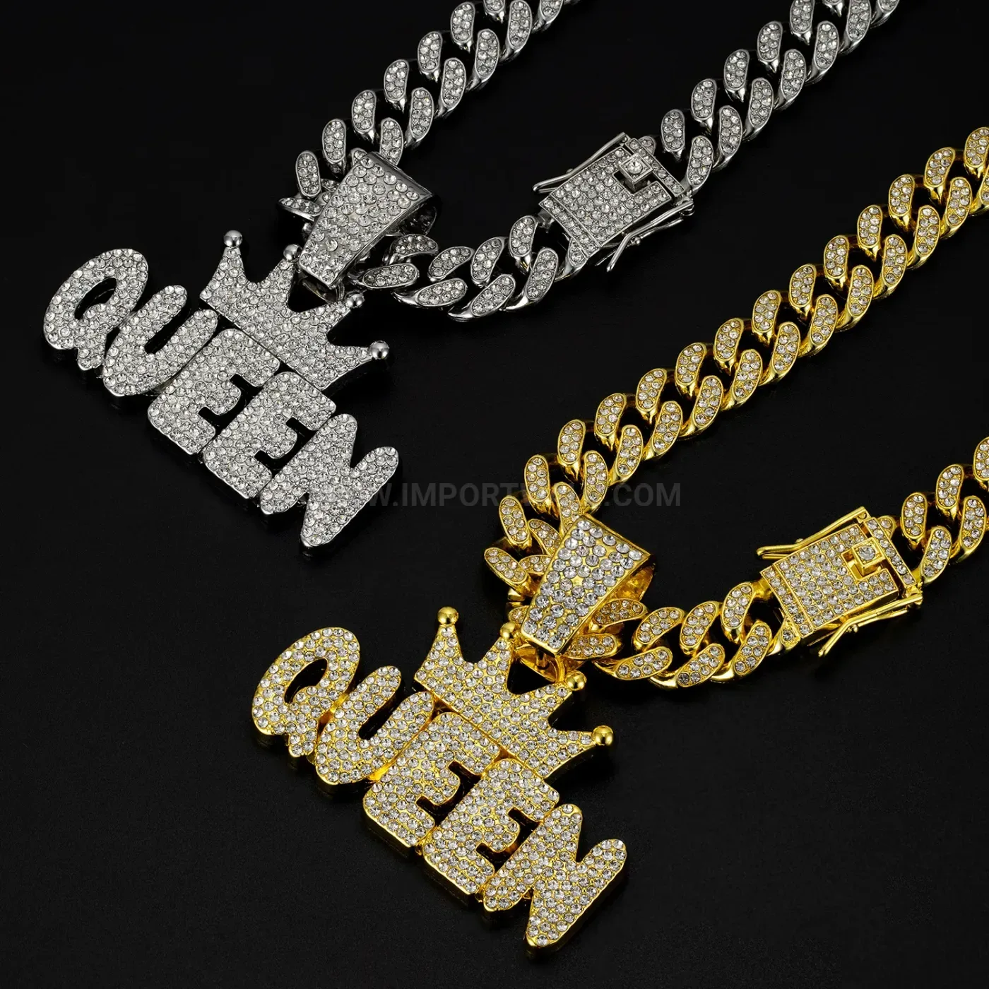Rhinestone Queen Letter Crown Pendant Cuban Chain Necklace