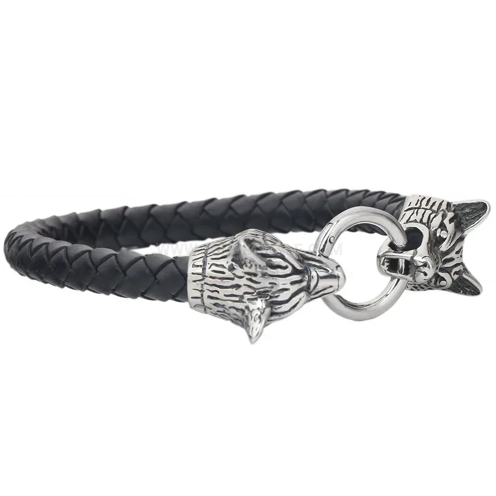 Braided Leather and Stainless Steel Double Wolf Head Bracelet