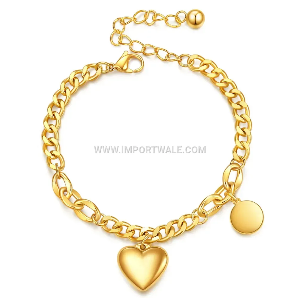 Wide Cuban Chain Stainless Steel Heart Charm Bracelet