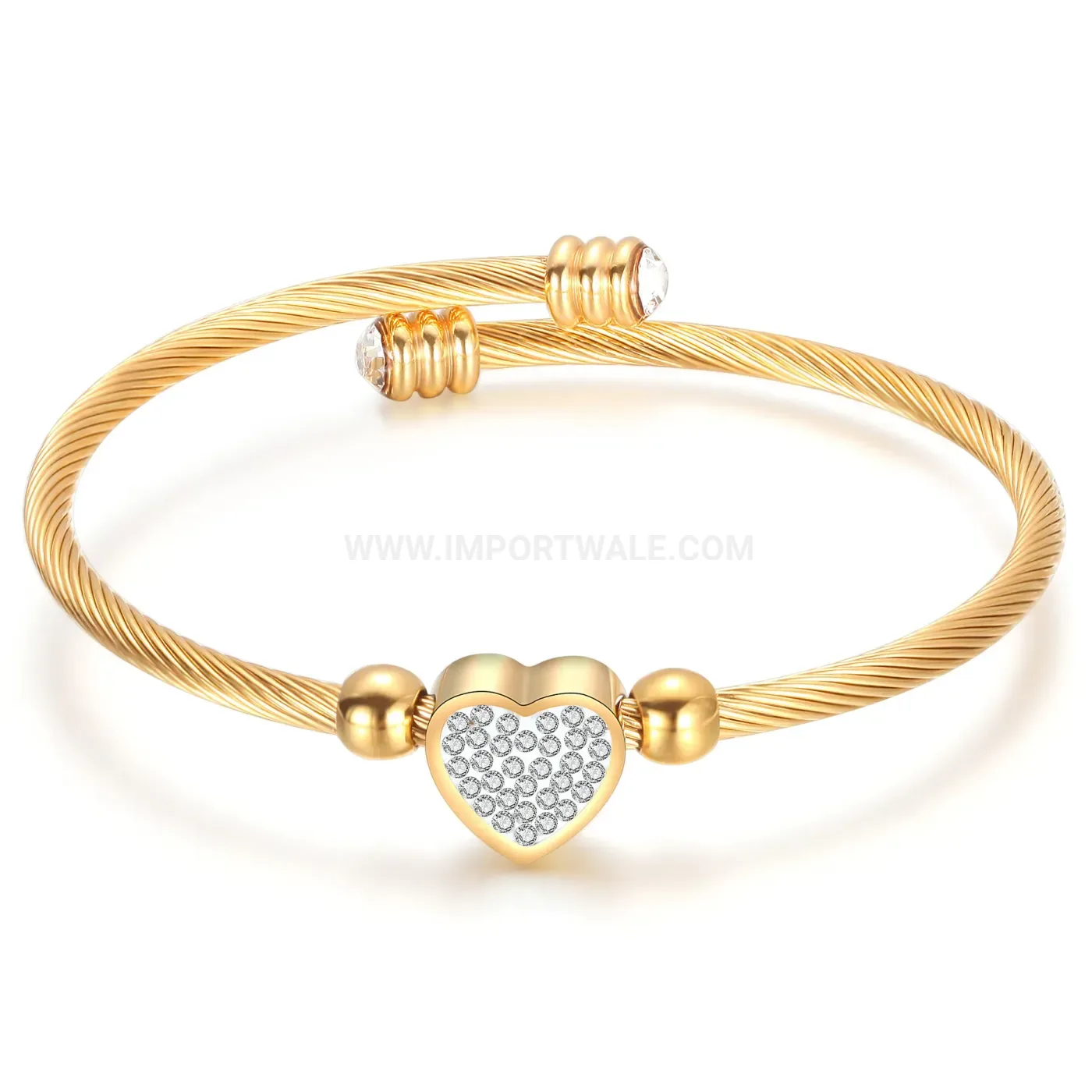 Stylish Stainless Steel Rhinestone Heart Cable Cuff Bangle Bracelet