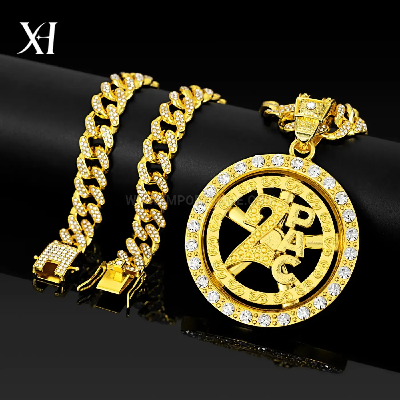 Chic Spinning Geometric 2PAC Pendant Cuban Chain Necklace