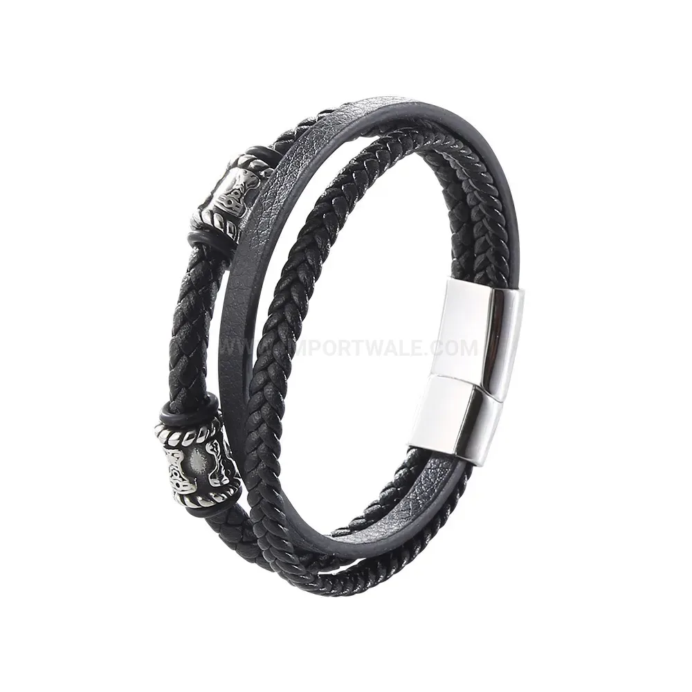 Multi Layer Braided Leather Wristband with Stainless Steel Clasp
