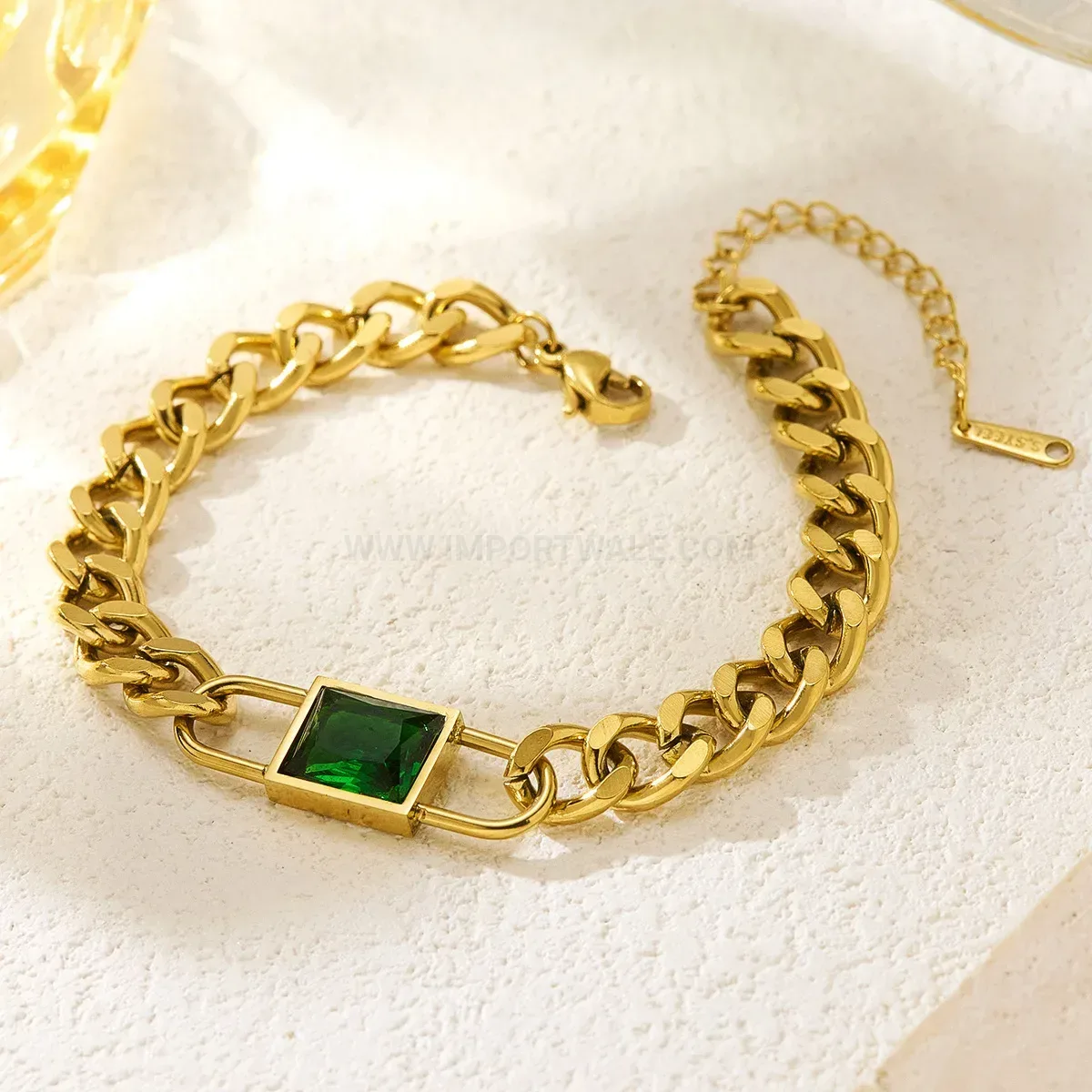 Stainless Steel Square Lock Bracelet with Green Zircon