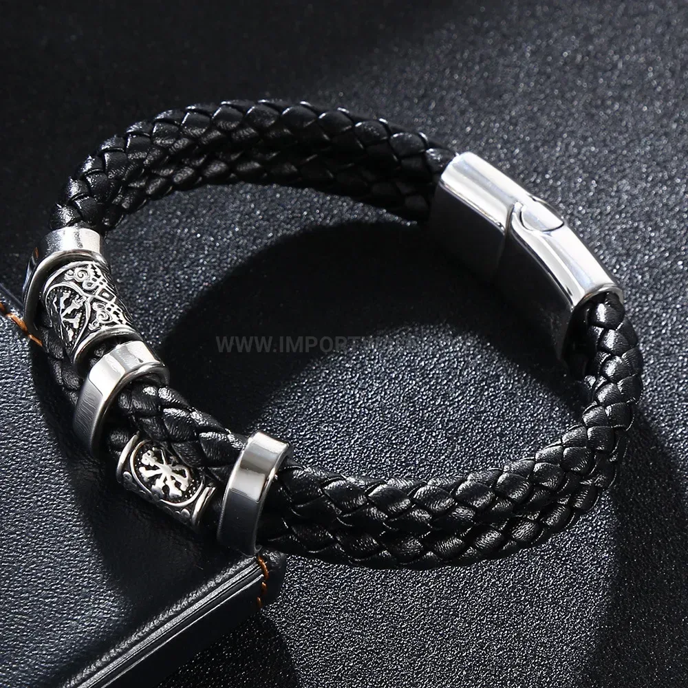 Viking Inspired Stainless Steel Double Strand Leather Wristband