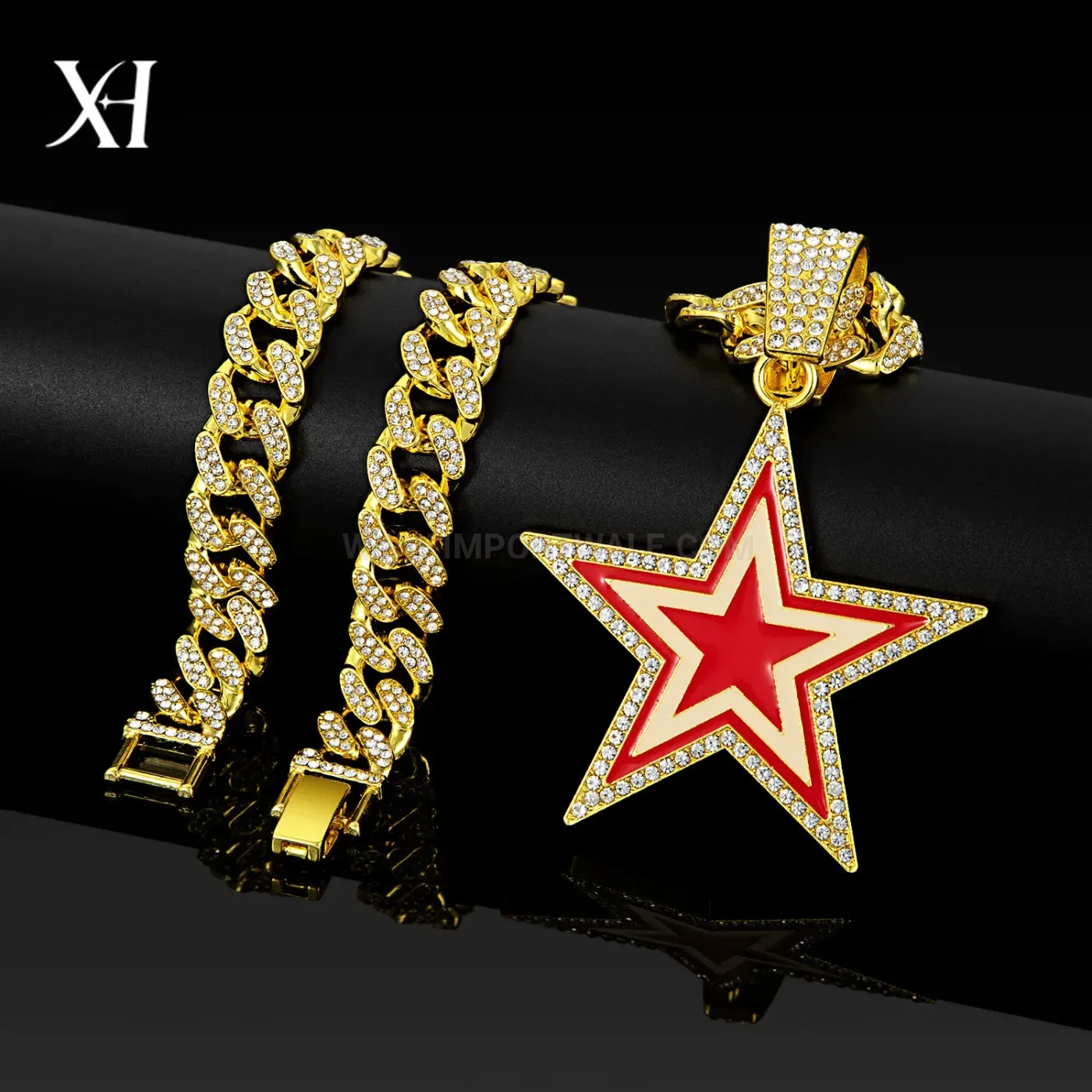Enamel Five-Point Star Pendant Miami Cuban Chain Necklace