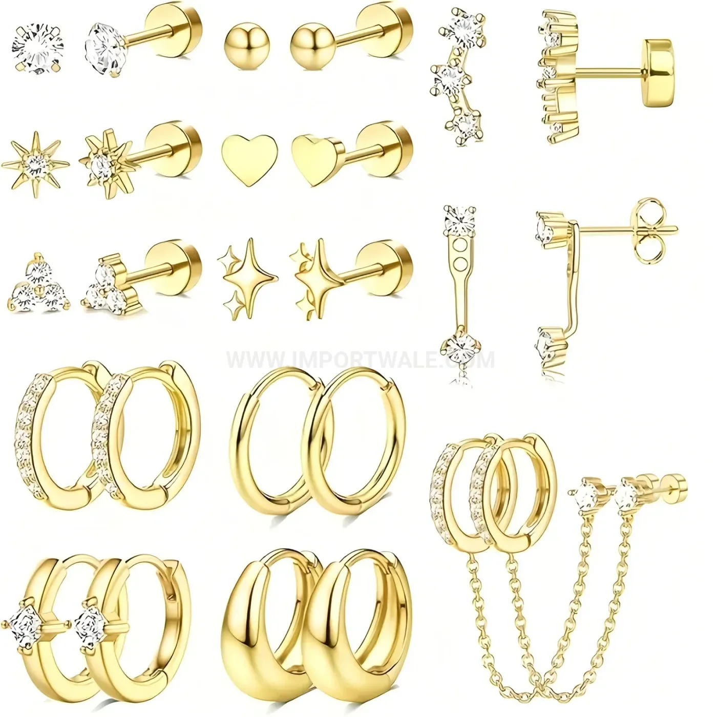 Designer Geometric Rhinestone Stainless Steel Threaded Cartilage Earring Set