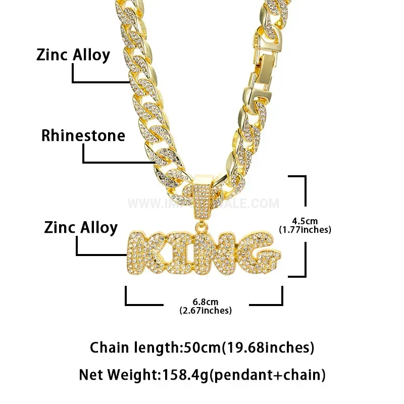 Classic Iced Out KING Letter Alloy Pendant Cuban Necklace