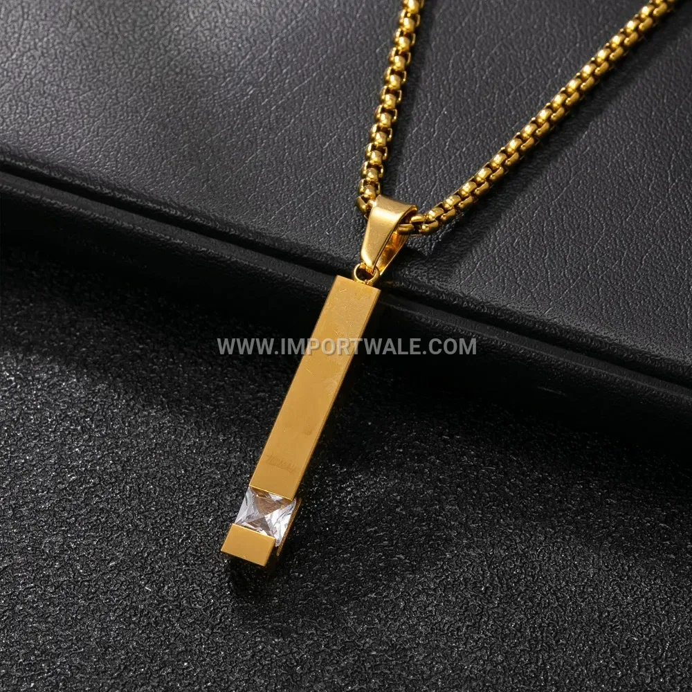 Geometric Stainless Steel Pendant Necklace Inlaid with Zirconia Accent